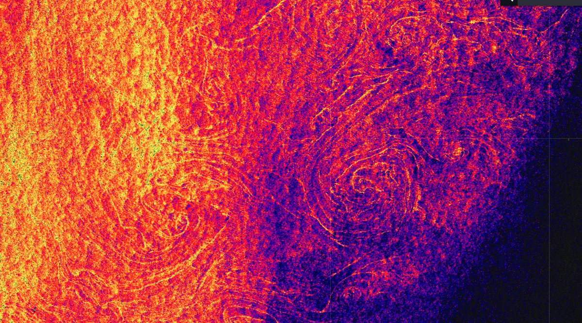 PolinovSemion's tweet image. Using Sentinel 1 #SAR and a spectral index of oil pollution and algae blooms we can observe sea surface circulation. Two 20 km diameter whirlwinds in the upper layer of water can be observed as a result of concentrations of algae #oceanmonitoring #satelliteimagery&quot;