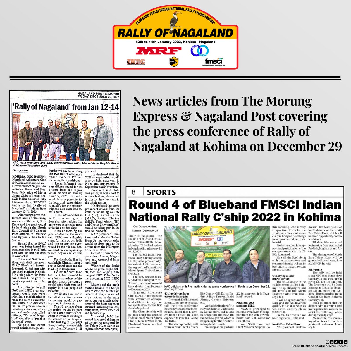BlueBandSports's tweet photo. News articles from The Morung Express & Nagaland Post covering the press conference of RON at Kohima on Dec'29.
#bluebandsports #rallyofnagaland #nagalandadventureclub #morungexpress #morungexpressnagaland #nagalandpost #nagalandpostofficial #newsarticle #nagalandnews #nagaland https://t.co/jF9SxPyNhH
