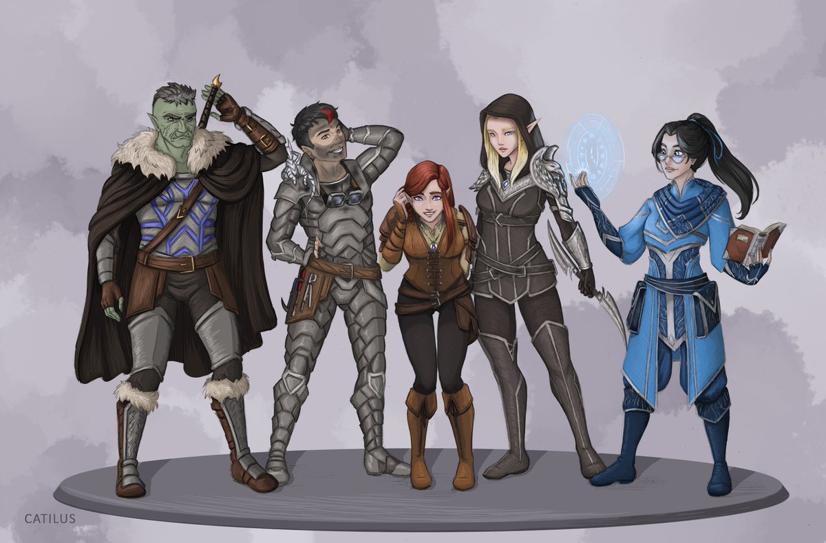 CatilusArt's tweet photo. • Aden Elbrand, Half-Orc Echo Knight
• Weslan Hartwood, Human Artificer
• Sara Embry, Half-Elf Genie Warlock
• Reecia Crow, Elf Phantom Rogue
• Tali Seljest, Human Wizard

#dnd #party #catilus #friendship https://t.co/8OzHZO2WaT