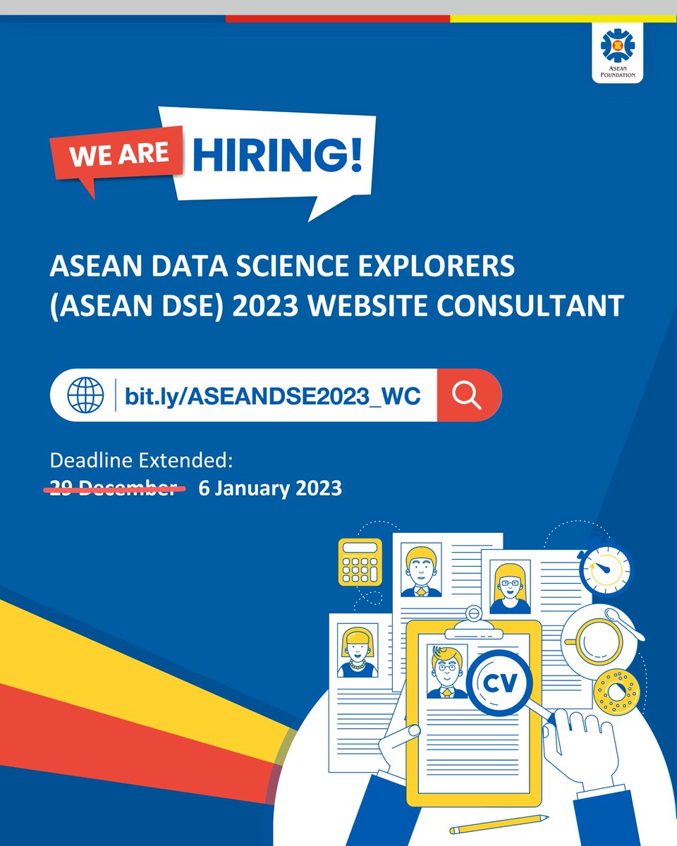 aseanfoundation's tweet photo. ‼️ Deadline extended ‼️

🔊 We’re #hiring #ASEANDSE 2023 Website Consultant!

Apply before 6 January 2023 on https://t.co/VvEQpDzdWP or via the link in our bio!

Stay tuned to our social media so you won't miss any updates on our upcoming #opportunities ✅ https://t.co/w30uqRFyzG