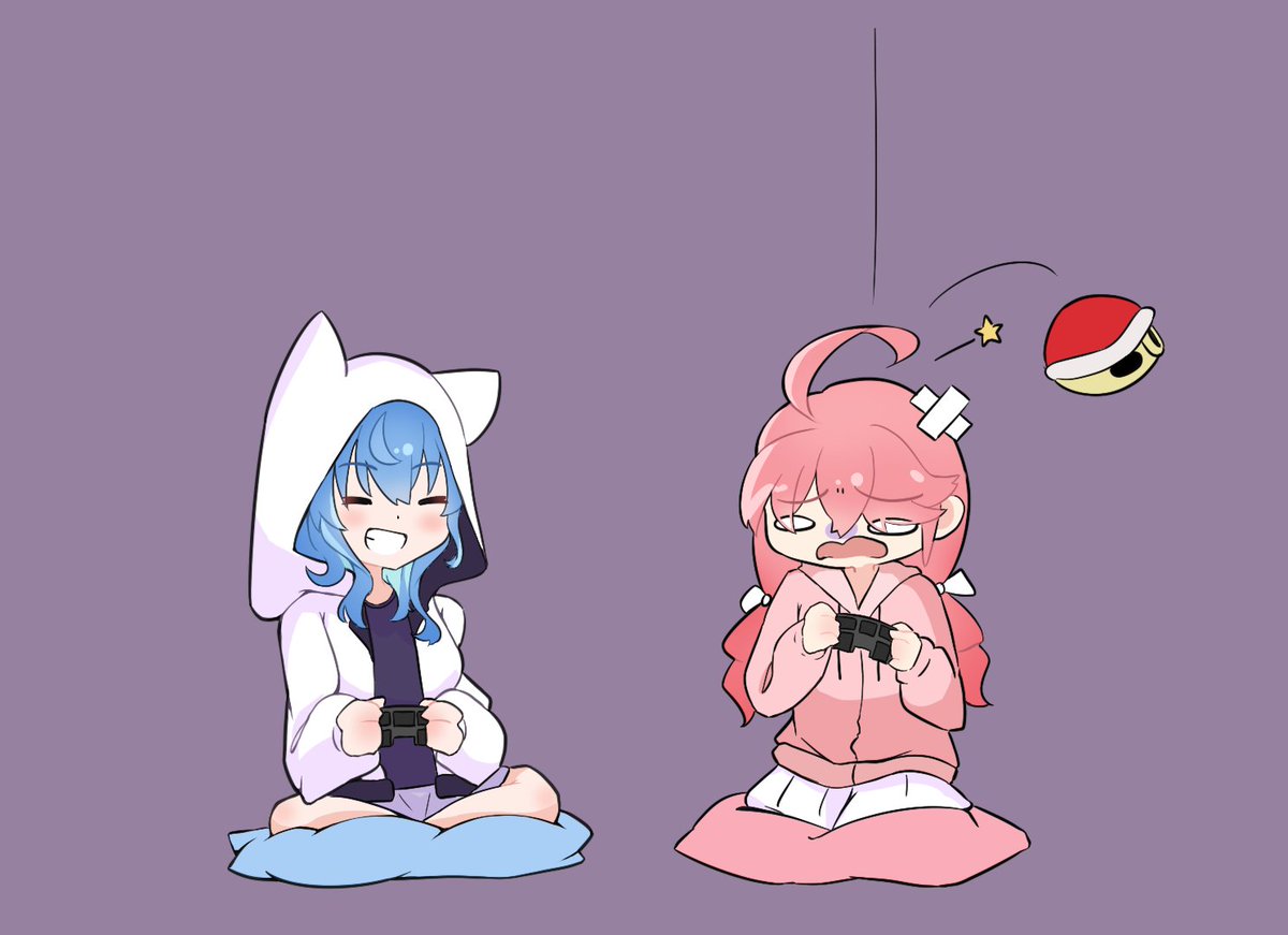 hoshimachi suisei ,sakura miko multiple girls 2girls blue hair hood ahoge pink hair game controller  illustration images