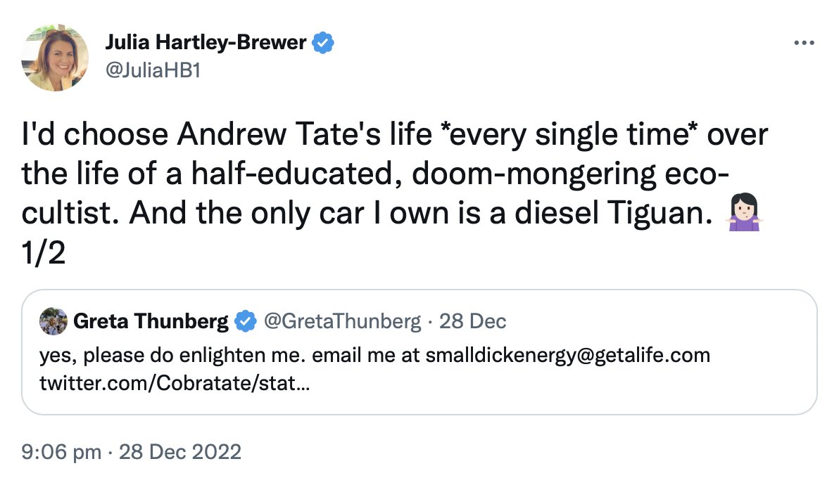 EdwardTHardy's tweet image. Andrew Tate has been arrested on suspicion of human trafficking, rape and forming an organised crime group

Greta Thunberg is an environmental activist who is fighting to make the planet a better place

Guess who Julia Hartley-Brewer would choose "every single time"