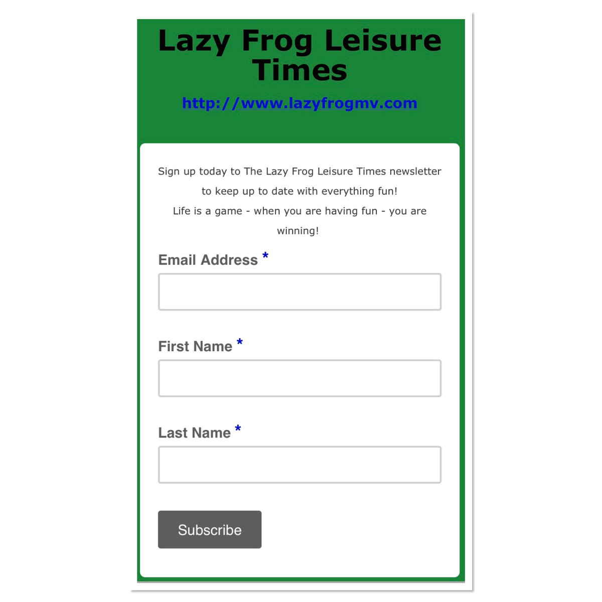 Keep up-to-date on FUN

us11.list-manage.com/subscribe?u=91…

#lazyfrogmv #marthasvineyard #dedicatedtoleisure #oakbluffs #fun #islandgamestore #funonthevineyard