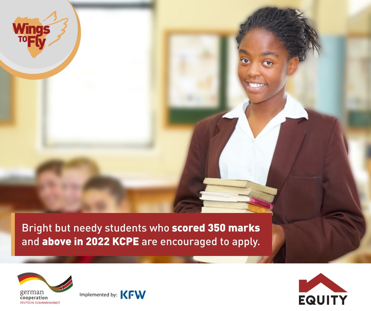 Only a few days left!
If you know a financially disadvantaged student who performed exceptionally well in their 2022 KCPE exams by scoring 350 marks and above, please encourage them to apply for the 2023 #WingsToFly scholarship program before 4th January, 2023.