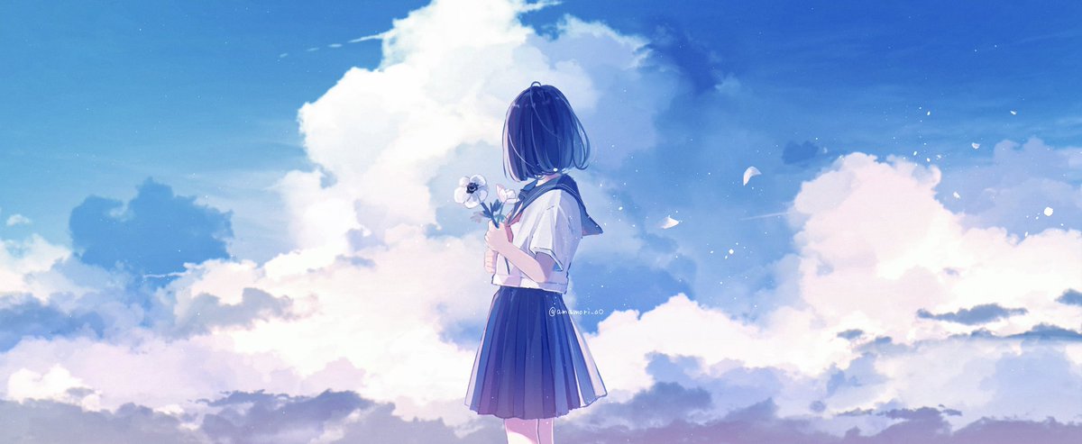1girl solo sky skirt school uniform flower star (sky)  illustration images