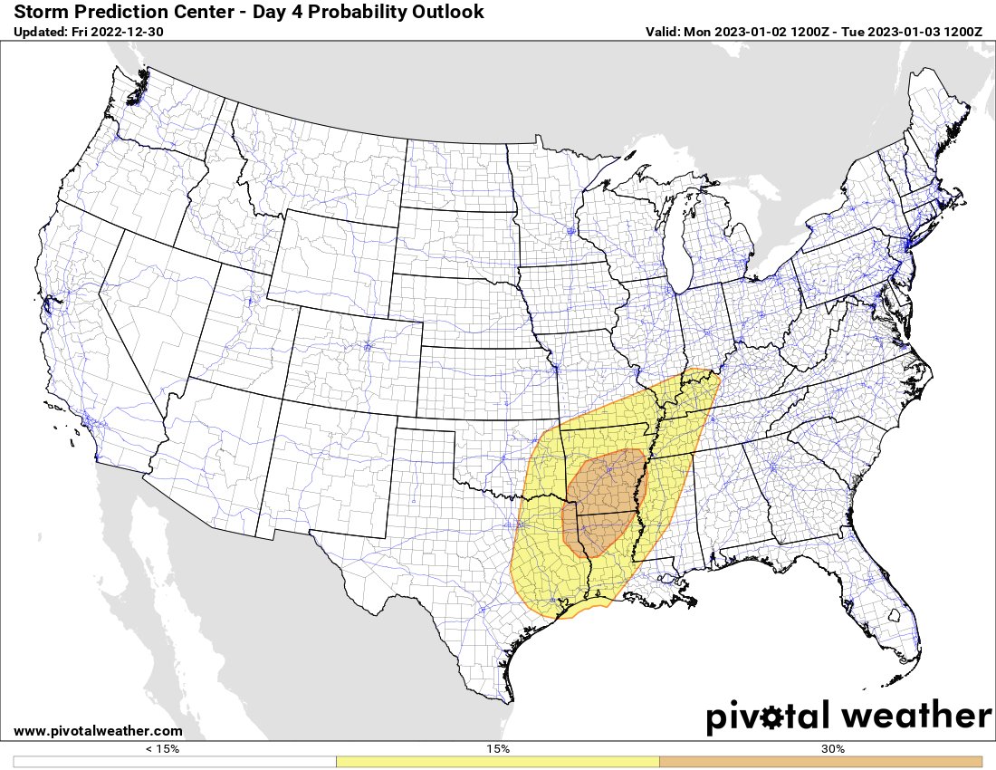 SCweather_wx's tweet photo. Severe weather threat increasing for the South next week. 30% now upgraded from 15% for Tuesday. 15% has now been added for Wednesday. https://t.co/yIl0KHYY03
