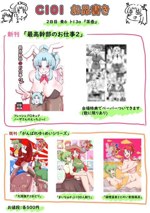 明日の当スペースのお品書きです
東方島じゃないけど東方の既刊誌持っていきます
『大漁旗タコおどり』は委託分売り切れとなっておりますし定価でお求めいただけるのでよろしければこの機会に
出来れば色紙いくつか持っていきます

東6 ト13a 茶壺 鰤十刀 