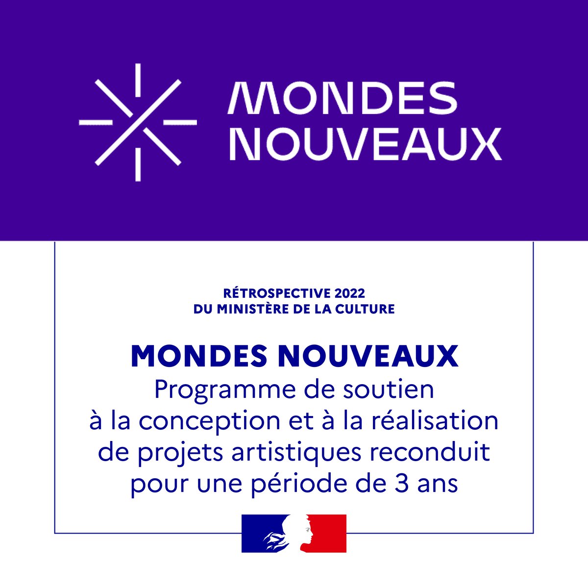Ministère de la Culture 🇫🇷 (@ministerecc) on Twitter photo Le programme <a href="/MondesNouveaux/">Mondes nouveaux</a> , fort de son interdisciplinarité, soutient la création artistique contemporaine sur tout le territoire. Initialement prévu pour permettre à 430 créateurs et créatrices de « réenchanter le monde », il a été reconduit pour une période de 3 ans. Le programme <a href="/MondesNouveaux/">Mondes nouveaux</a> , fort de son interdisciplinarité, soutient la création artistique contemporaine sur tout le territoire. Initialement prévu pour permettre à 430 créateurs et créatrices de « réenchanter le monde », il a été reconduit pour une période de 3 ans.