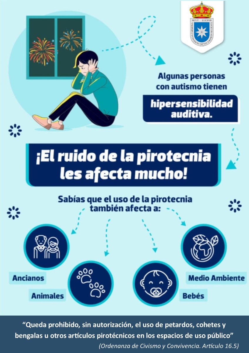 CarmonaAyto's tweet photo. Prohibido, sin autorización, el uso de petardos u otros elementos pirotécnicos en espacios de uso público

Su incumplimiento es considerado como infracción grave que puede acarrear sanciones de hasta 1.500 euros

(ORDENANZA MUNICIPAL DE CIVISMO Y CONVIVENCIA) https://t.co/FyAltoNIpp