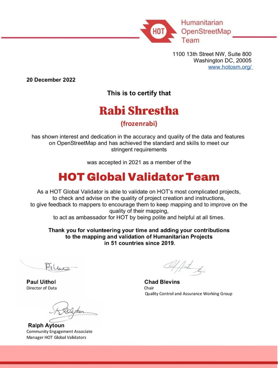 frozenrabi's tweet photo. It is an honour to be accepted and get recognised as @hotosm Global Validator team.
A big thanks to @RalphAytoun1 , @geocruizer @hotosm @openmapping_ap and everyone. #hotglobalvalidator #OMHAP #Opendata #qualitymatters https://t.co/e9GIFfwrju