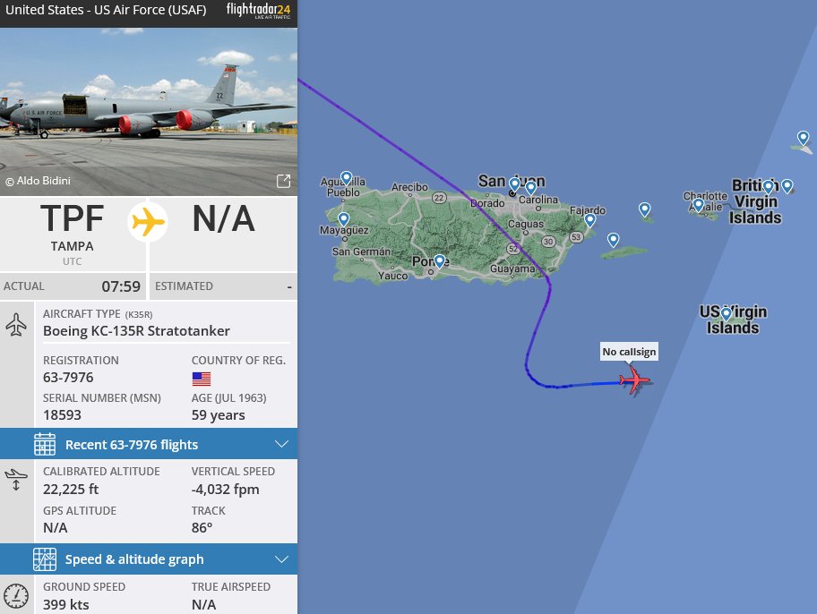 SirListenalot's tweet image. #KC135 #AE0484 as #NICE34 out of McDill on a round trip to support CAP near St. Croix. KC135 #AE038D as #NICE33 reached the area ~1030z. At that time Oregon #F15's #NOBLE01-02 took off from San Juan