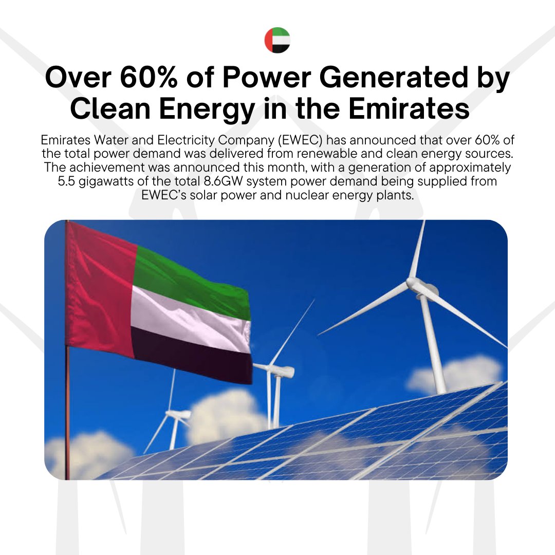 CrystosD's tweet photo. The Emirates Water and Electricity Company (EWEC) recently made the historic announcement that for the first time, more than 60% of the total power demand was delivered through renewable and clean energy sources. #UAE #EWEC #RenewableEnergy https://t.co/CHg86ff1n1