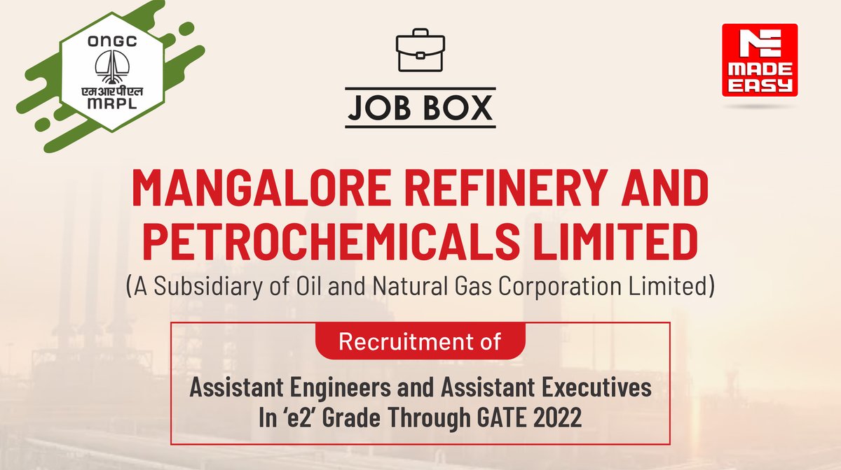 MADEEASY_Delhi's tweet image. Want to work with Mangalore Refinery and Petrochemicals Limited? Read the blog post: &apos;Recruitment of Assistant Engineers and Assistant Executives in ‘E2’ Grade Through GATE 2022 at MRPL.&apos;

Visit: bit.ly/3i2jfLw

#MRPLRecruitment2022 #GATEScoreCared #GATE2022 #MADEEASY