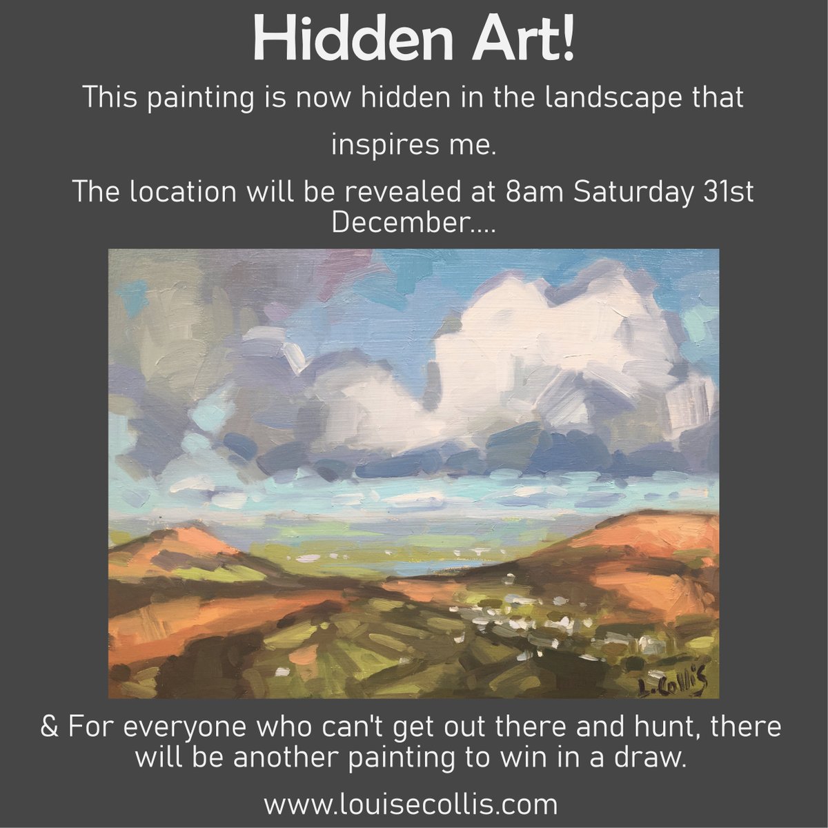LouiseCollisArt's tweet image. Hidden Art is Back!
I've been out in the wind and rain and hidden one of my paintings in the landscape that inspires me.
The location OS map reference will be revealed at 8am tomorrow morning (31st December) at 8am.
1/2