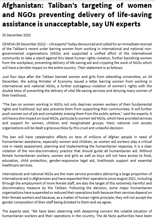 SR_Afghanistan's tweet photo. #Afganistan @UN_SPExperts statement: #Taliban’s ban on #Afghan women working in #NGOs unconscionable and illegal. Catastrophic for millions of Afghans. We urge its immediate reversal.

👉https://t.co/ajLuxsqQXq https://t.co/du6ODhZgyR