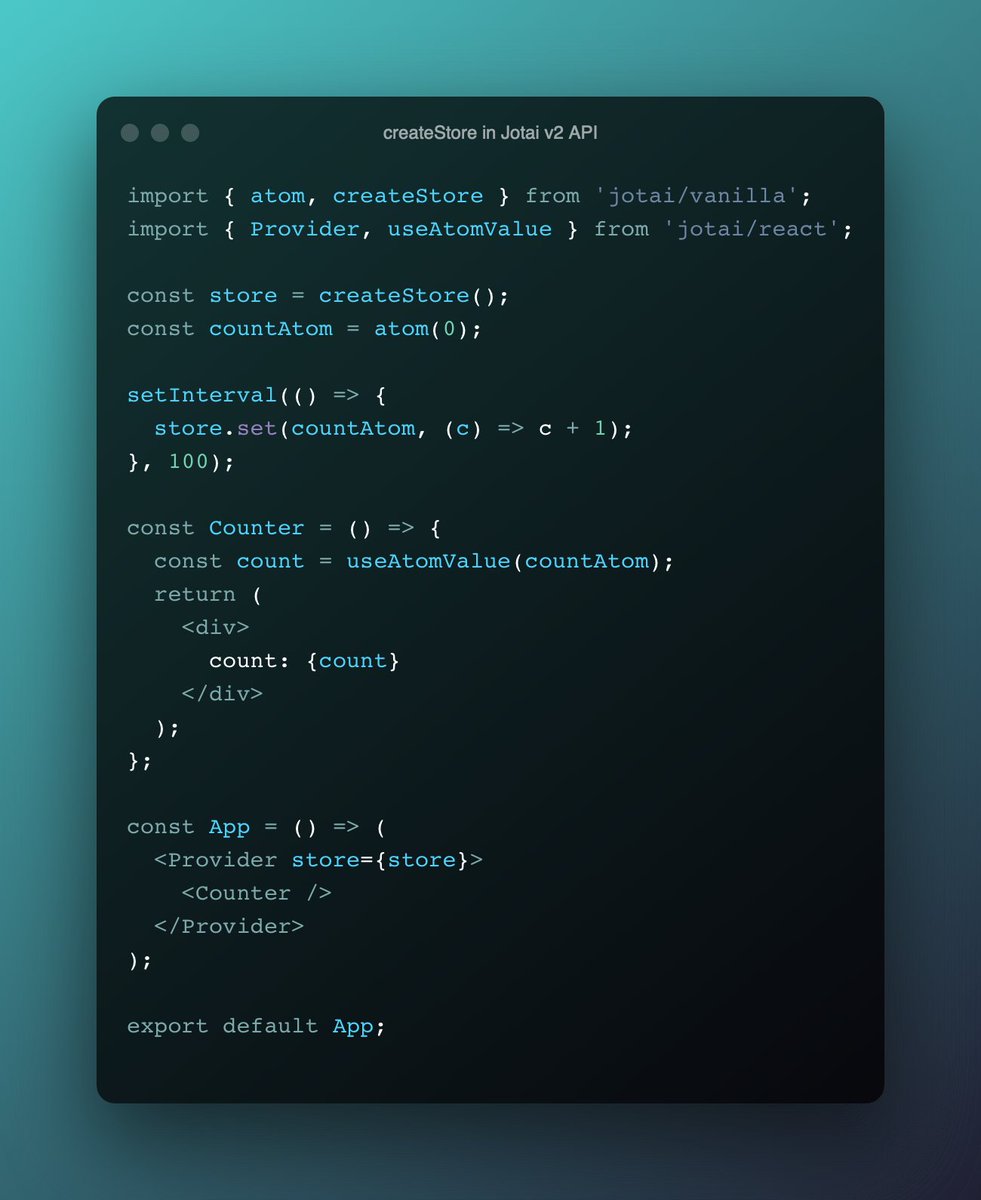 With upcoming Jotai v2, you can read/update atom values outside React. Check out this counter example. This is called v2 API and already pre-released in jotai v1.11.0.

CodeSandbox: codesandbox.io/s/kind-silence…