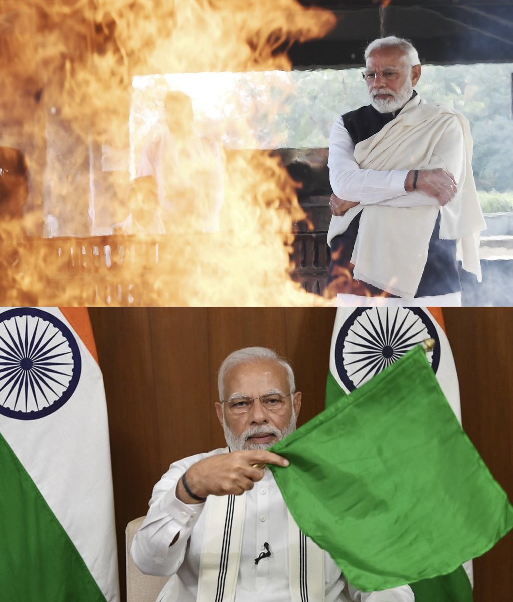 PCMohanMP's tweet photo. 1st Image: PM Sri #NarendraModi Ji performs last rites of his mother 

2nd Image: Flags off #VandeBharatExpress virtually 

The interval between the two events is less than 3 hrs.

PM #Modi Ji even apologised to people of Bengal for not being physically present.

#HeerabenModi https://t.co/0tDxv9JOGE