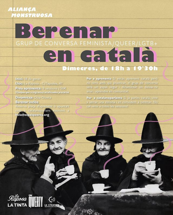 Nova edició del #BerenarEnCatalà amb l'#AliançaMonstruosa!
Un espai feminista/queer d’aprenentatge i perfeccionament del català guiades per Olza Olzeta, i amb berenar vegà inclòs!
Si sou catalanoparlants us podeu apuntar com a voluntàries a alguna sessió i us convidem a berenar😋