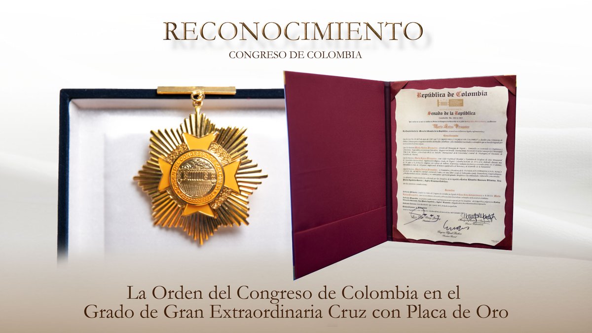 FIMLM's tweet photo. En honor a su excelsa y altruista labor en beneficio de la sociedad, la Dra. @MLPiraquive recibió el más alto grado de reconocimiento otorgado por el poder legislativo de Colombia, la Orden del Congreso de Colombia en el grado de gran extraordinaria cruz con placa de oro 🎖️. https://t.co/IcpnKPPyr9