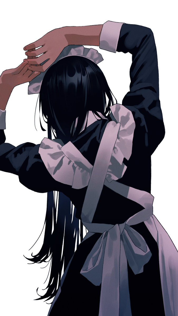 1girl solo maid long hair black hair maid headdress apron  illustration images