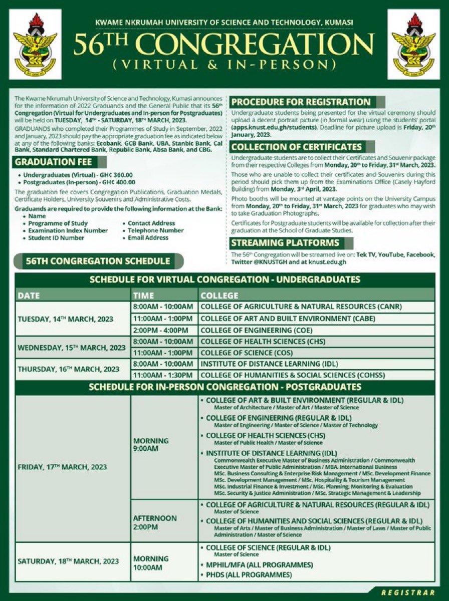 The 2022 graduation has been confirmed to happen on Tuesday, 14th to Saturday 18th March 2023. The 56th congregation will be virtual for undergraduates and in-person for postgraduates. 

Graduation fee is GH¢ 360.00

#KNUSTInfoHub