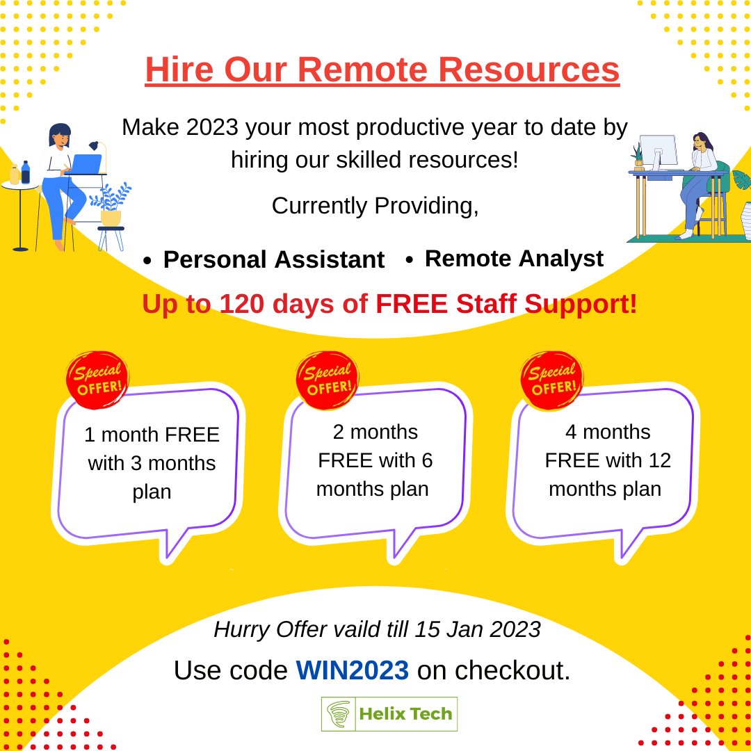 helix_tech's tweet photo. Imagine having a Personal Assistant or Remote Analyst for all those tasks you never get to! For a limited time, we are offering 30 days of free remote support staff to get your year in order.
Fill out the formhttps://lnkd.in/dfXRspiA to take advantage of this limited time offer! https://t.co/O4OfFetJhT
