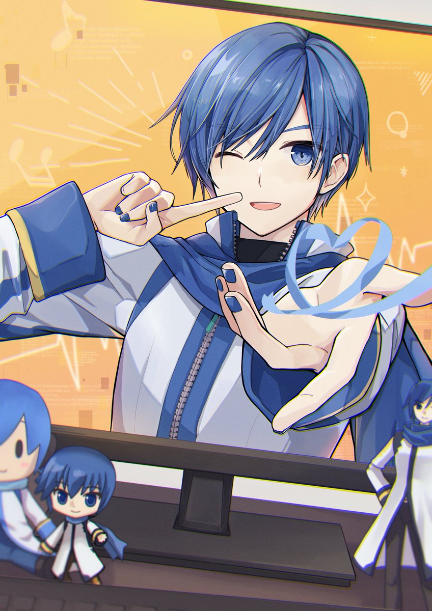 kaito (vocaloid) blue eyes blue hair one eye closed blue nails smile male focus 1boy  illustration images