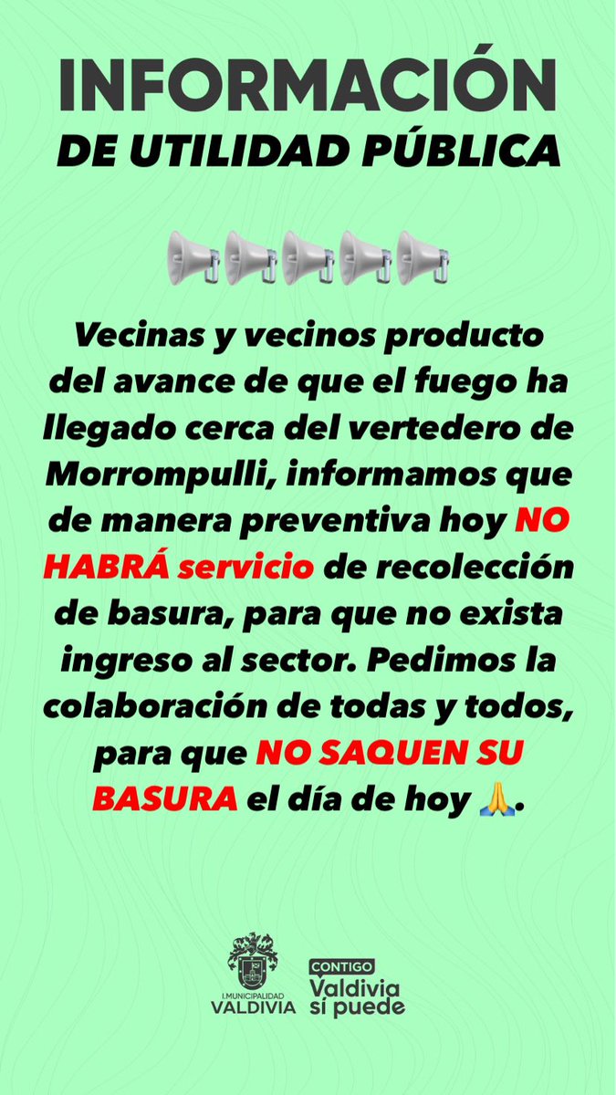 munivaldivia's tweet photo. Buenos días vecinas y vecinos producto del incendio forestal que afecta a nuestra comuna se ha tomado la siguiente medida 👇

Llamamos a la comprensión, empatía y responsabilidad de la ciudadanía ante esta emergencia 🚨 ‼️

#Valdiviacl https://t.co/YHqM9ben19