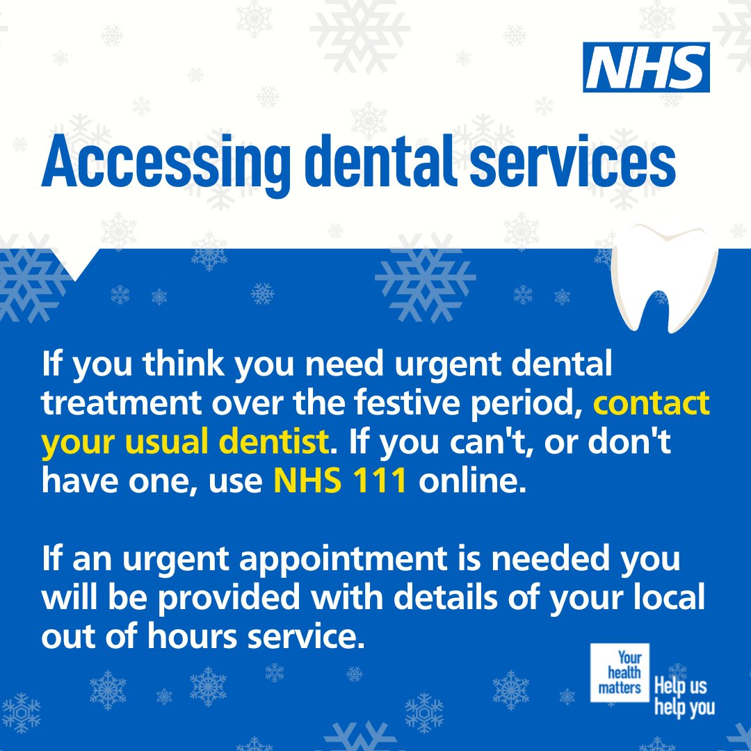 RoyalDevonNHS's tweet image. Help for dental problems is available over the festive period. If you can’t get help through your dental practice in the first instance, please call NHS111 or visit 111.nhs.uk online.