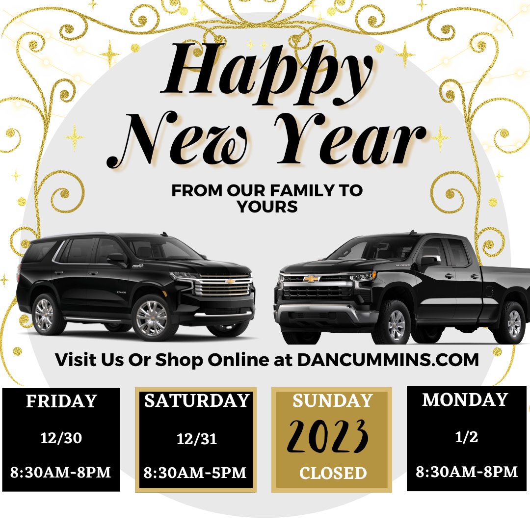 DanCumminsAuto's tweet photo. Stop in and see us this weekend! Start 2023 off right... with a new ride!😎

#DanCumminsAuto #DanCumminsDeal #NYE #NYEWeekendHours #YearEndSalesEvent #2022 #2023 https://t.co/uOfJT29GZr