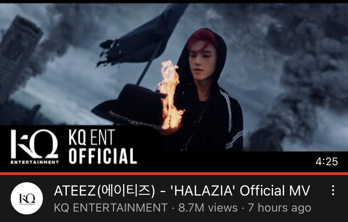 ATEEZcommunity's tweet photo. 8.7M Views Achieved! 🔥 

 17 Hours left for us to surpass 15.1M and take the record for the highest Music Video Views for 4th Gen bg and give it to @ATEEZofficial #HALAZIA 

#FROM_THE_WITNESS #ATEEZ #에이티즈 https://t.co/BhNnhxiBAb