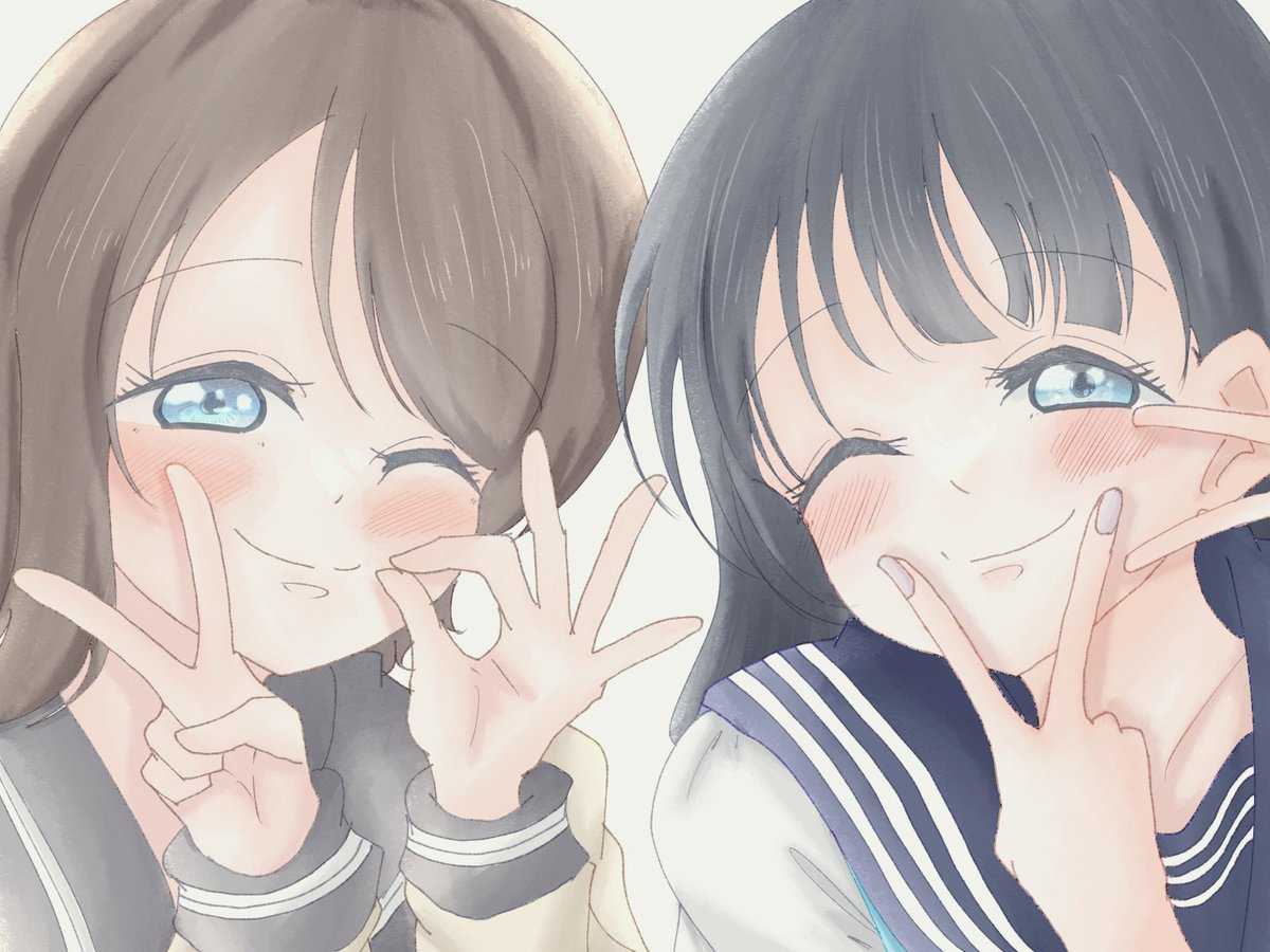 multiple girls 2girls blue eyes school uniform one eye closed black hair v  illustration images