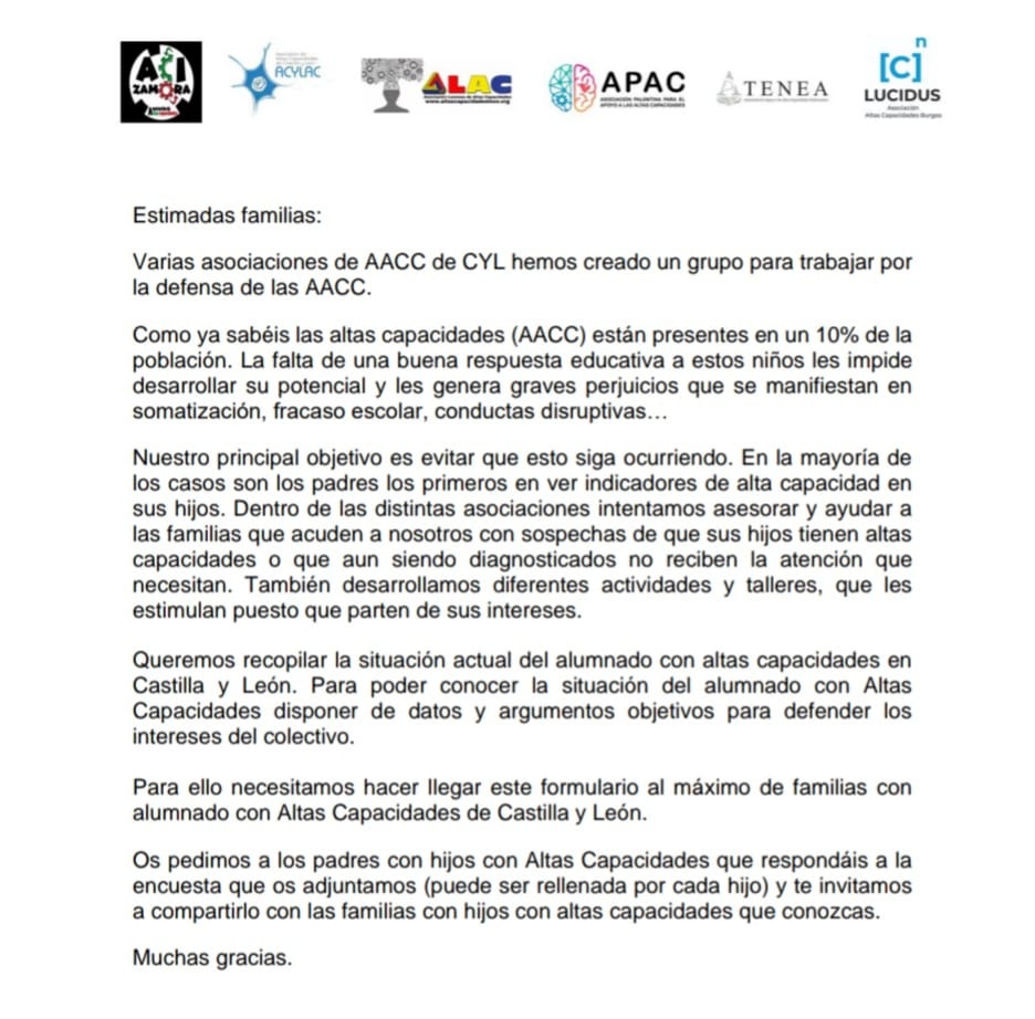 Si tienes un/a hijo/ con AACC, os animamos a rellenar el cuestionario que hemos elaborado para alumnado de Castilla y León. Gracias. 
docs.google.com/forms/d/e/1FAI…
<a href="/AciZamora/">AciZamora</a> <a href="/ACYLAC/">ACYLAC</a> <a href="/alac2013/">ALAC</a>
