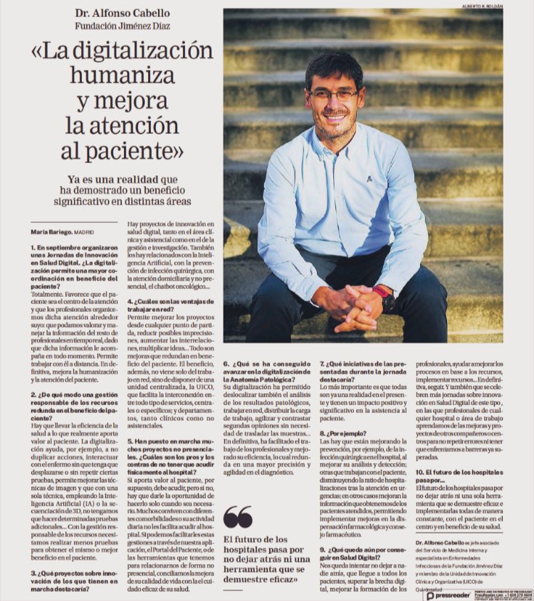 UICOquironsalud's tweet photo. Enhorabuena a @AlfonsoCabello_ por la entrevista en @larazon_es: “La digitalización humaniza y mejora la atención al paciente” @Hospital_FJD @HUReyJuanCarlos @HUInfantaElena @Hosp_Villalba @quironsalud #SaludDigital #telemedicina https://t.co/ODQ3dWcepo