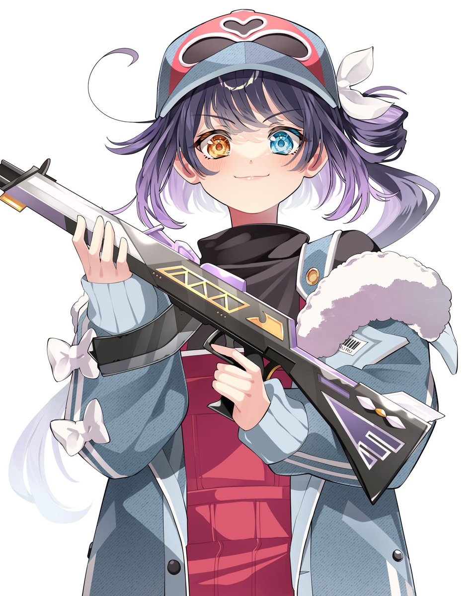 1girl weapon gun jacket holding solo heterochromia  illustration images