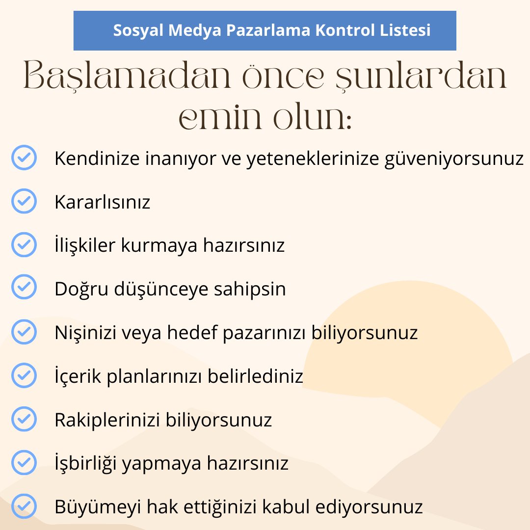 smybilisim's tweet photo. Sosyal Medya Pazarlama Kontrol Listesi
1- Kendinize inanıyor ve yeteneklerinize güveniyorsunuz
2- Kararlısınız
3- İlişkiler kurmaya hazırsınız
4- Doğru düşünceye sahipsiniz
5- Nişiniz ve hedef pazarınızı biliyorsunuz
6- İçerik planlarınızı belirlediniz https://t.co/3UYLDasGcT