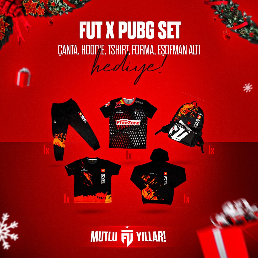 Bizde yılbaşı hediyeleri bitmez! 🥳

1 takipçimize Hoodie, Tişört, Eşofman, Forma ve Sırt Çantası'ndan oluşan FUT x PUBG Seti hediye ediyoruz! 🎁

✅ Bizi takip et,
✅ Bu tweet'i RT'le!