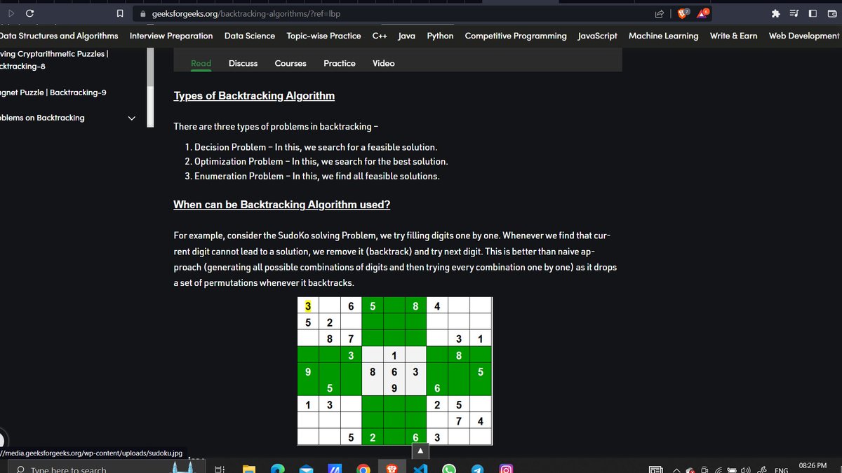 vedantg_467's tweet photo. #Day30 of #dsaindecember 
Today I learnt about Backtracking . 
- Backtracking is an algorithmic technique for solving problems recursively by trying to build a solution incremental.
@acmdypiemr
@GDSC_DYPCOE
 @geeksforgeeks https://t.co/nUcbH2Bkcu