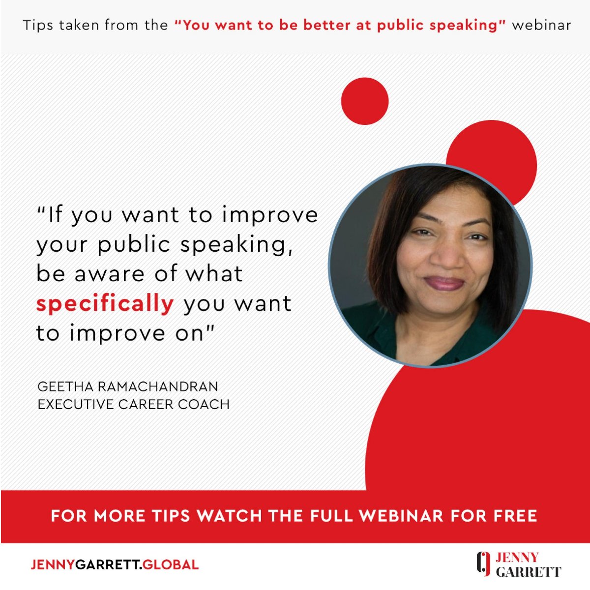 JenniferGarrett's tweet image. Specificity is key when you are setting goals, and as an established executive coach @Geetha Ramachandran should know.
Want more public speaking tips? Watch a recording of the webinar now for free at 
jubb.ly/801e1e

#publicspeakingtips #coaching #developingconfidence