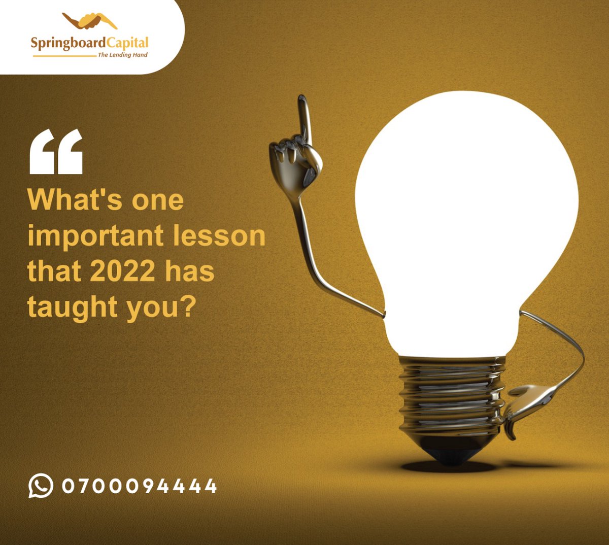 springboardke's tweet photo. As the year ends, tell us in the comments one important lesson 2022 has taught you.
#2022lessons #Nairobi #Thika #Kenya #TheLendingHand https://t.co/EcCj8uNEg9