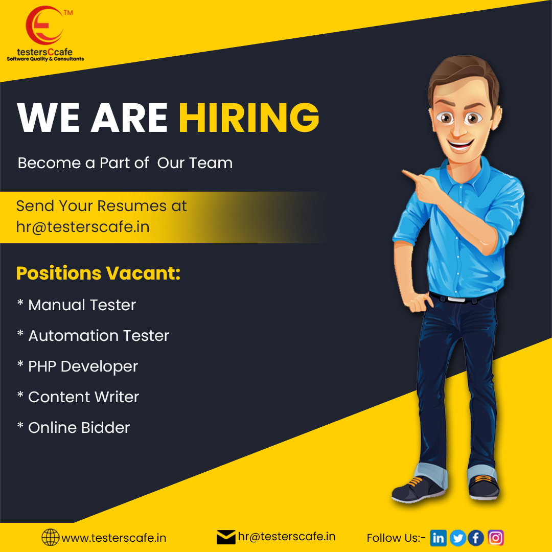 TestersCcafePvt's tweet photo. We're Hiring!
Vacant Positions:
QA - Manual Tester, Automation
PHP Developer
Content Writer
Online Bidder
Send your CV's to hr@testerscafe.in
#testersCcafe #Softwaretesting #CHANDIGARH #mohali #hiring #ApplyNow #opening #jobopportunity #tcc https://t.co/jI5nhhgNRx