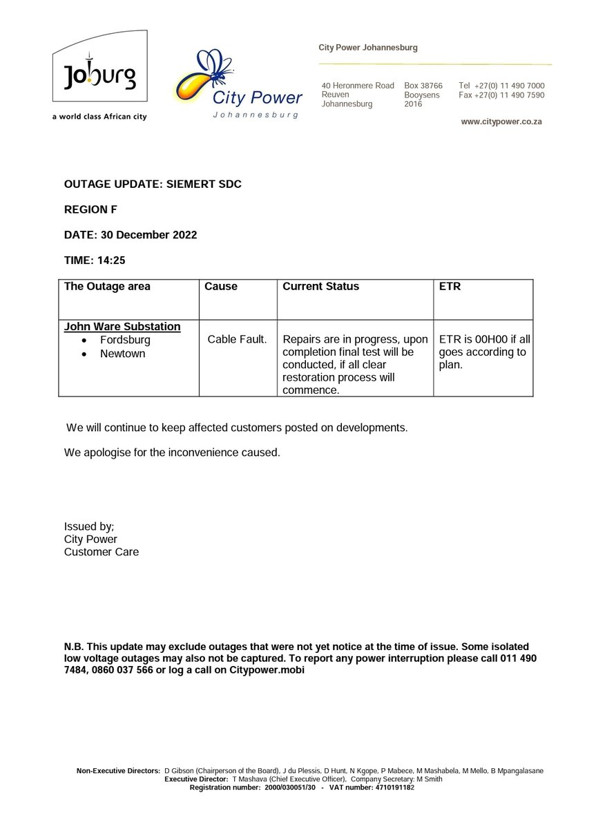 CityPowerJhb's tweet photo. #SiemertOutage #JoburgUpdates
Please see attached for latest updates in #JohnWareSub.^MM https://t.co/S4WKimGblv