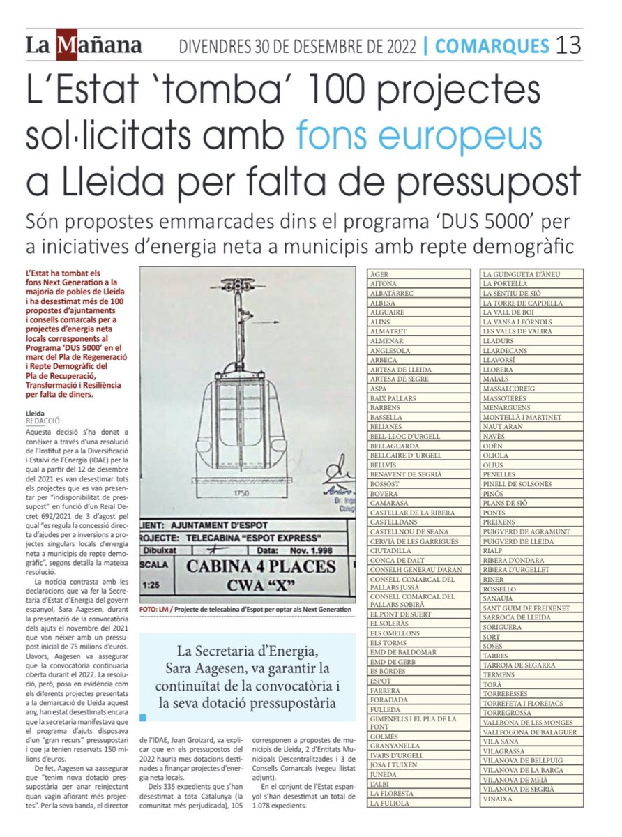 Aquesta notícia és lamentable per a les comarques de #Lleida, #Pirineu i #Aran. Precisament aquest programa europeu estava pensat per als municipis de l’entorn rural, allà on l’Estat no ens podia fallar als més 100 municipis que tornarem a quedar enrera en sostenibilitat (1/4)