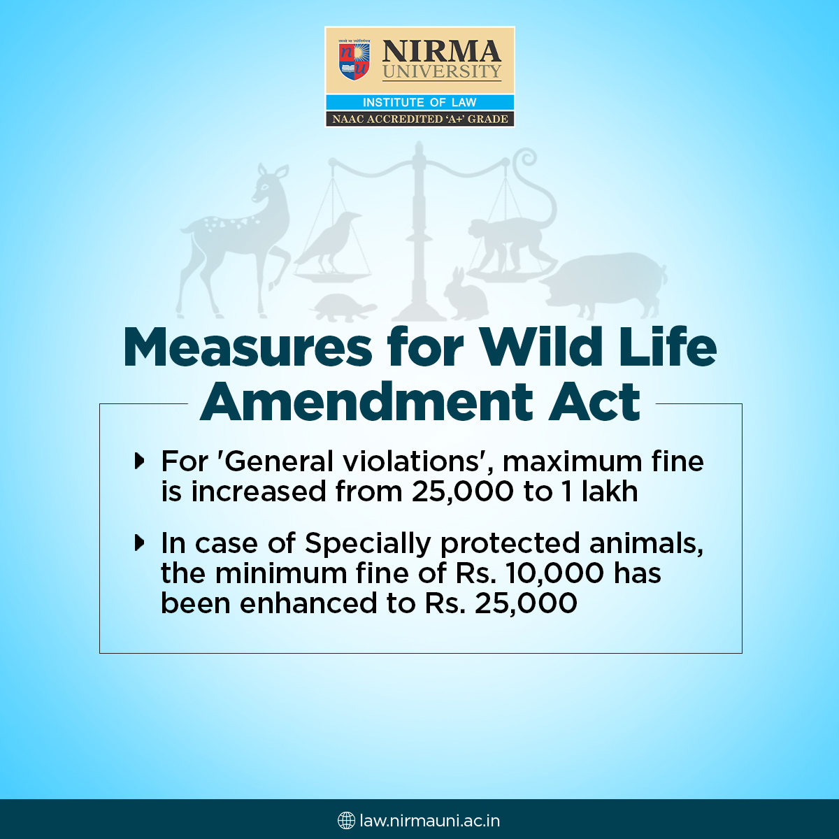 ILNUOfficial's tweet photo. The Wild Life (Protection) Amendment Act 2022 ensures that the diverse animals in our natural habitats are safeguarded for future generations to enjoy. It includes provisions for stricter penalties for poaching and illegal wildlife trade and increase conservation efforts funding. https://t.co/4vGZkQBBmn