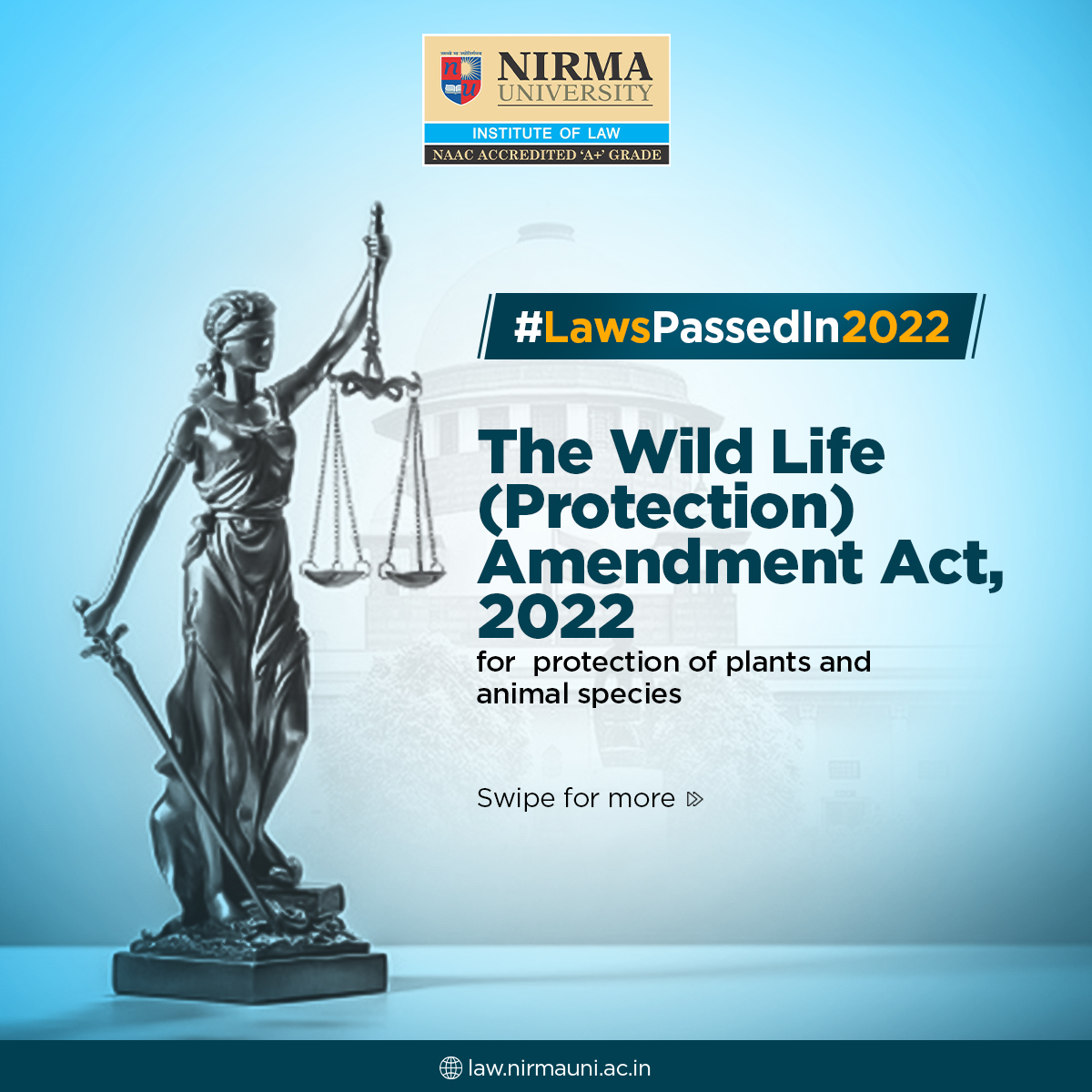ILNUOfficial's tweet photo. The Wild Life (Protection) Amendment Act 2022 ensures that the diverse animals in our natural habitats are safeguarded for future generations to enjoy. It includes provisions for stricter penalties for poaching and illegal wildlife trade and increase conservation efforts funding. https://t.co/4vGZkQBBmn