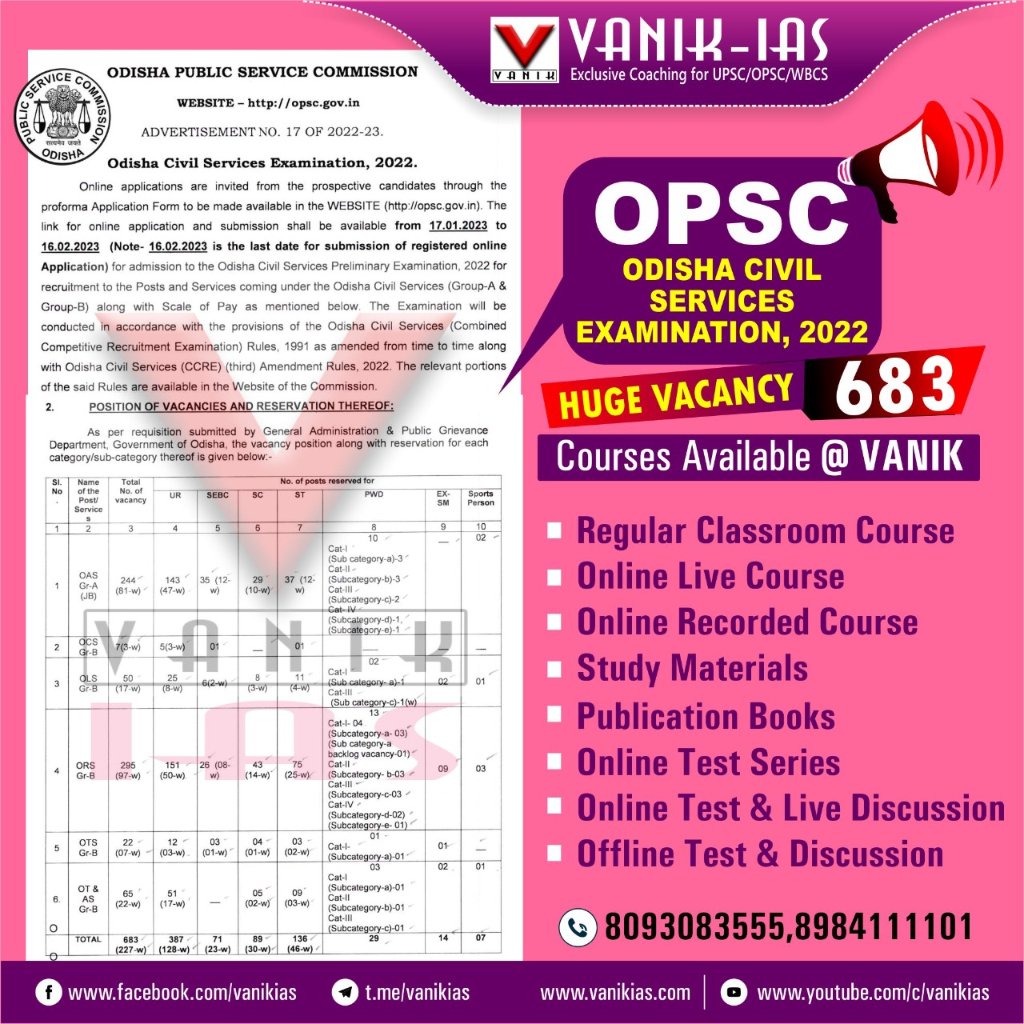 VanikEducation's tweet photo. OPSC Civil Services 2022 notification
OPSC announced 683 Posts of Vacancies for Odisha Civil Service, 2022.
Great Opportunity for Civil Service Aspirants. @VANIKIAS
#vanikias #vanik #vanikinstitute #vanikoas #OAS #OPSC https://t.co/UObsZKkgm6