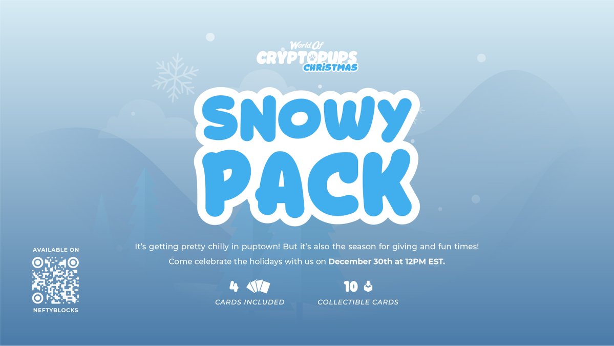 apppllleee_pie's tweet photo. Chrismas special drops are here! Grab yourself a Snowy pack and collect all 10 NEW digital NFTs from the World of Cryptopups

Drop:https://t.co/Ysp8GpfvIP
FREE Pack:https://t.co/6Wte26e8Di

🎁GIVEAWAY-1x Snowy Pack
Like, RT, Comment

@coinkit_ mon 0.1 100 #WAX #WorldofCryptopups https://t.co/pPYRz4vqPq