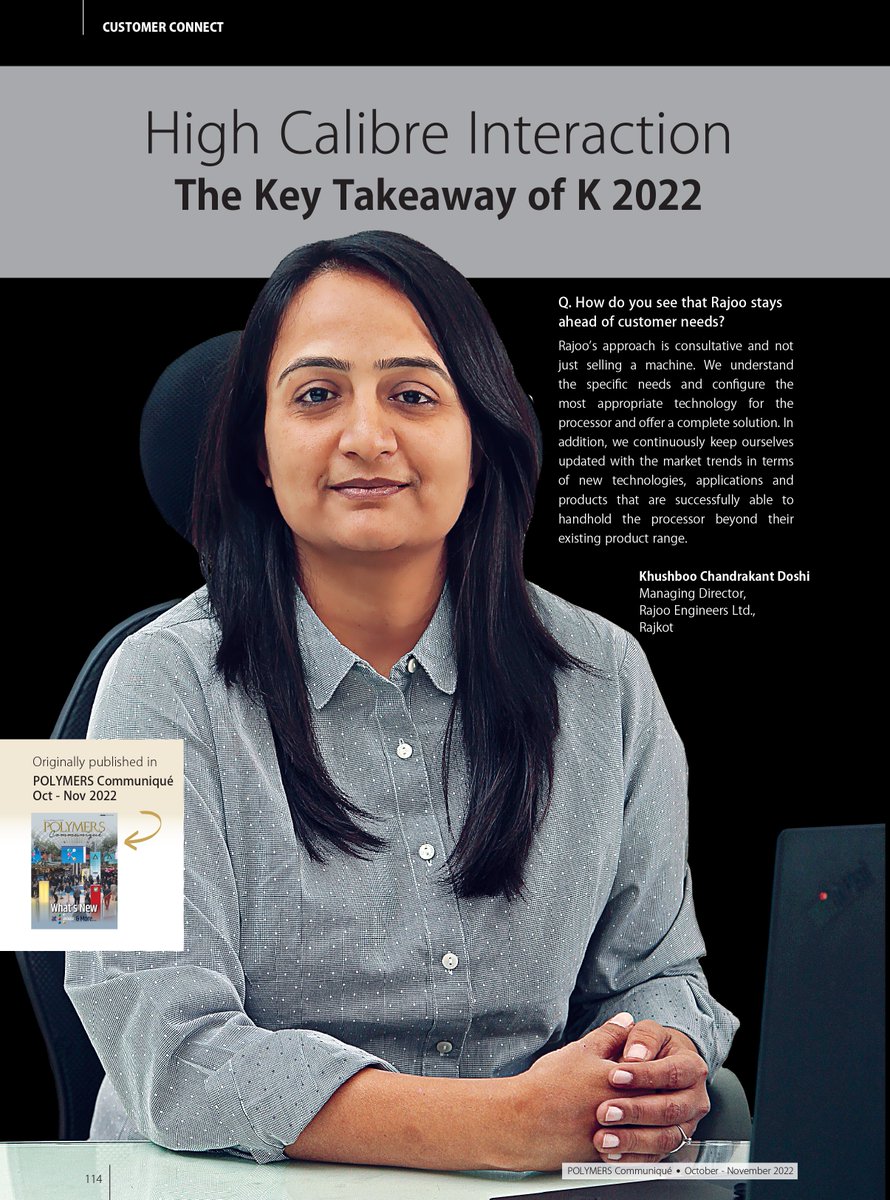 Rajoo_Engineers's tweet photo. Our most recent and insightful conversation about Rajoo from our managing director, Khushboo Chandrakant Doshi, from K Show 2022.

#KShow #KShow2022  #Interaction #InsightfulConversation #RajooEngineers #Rajkot #PlasticMachinery #Machines #PlasticIndustry https://t.co/oVnJuwd534