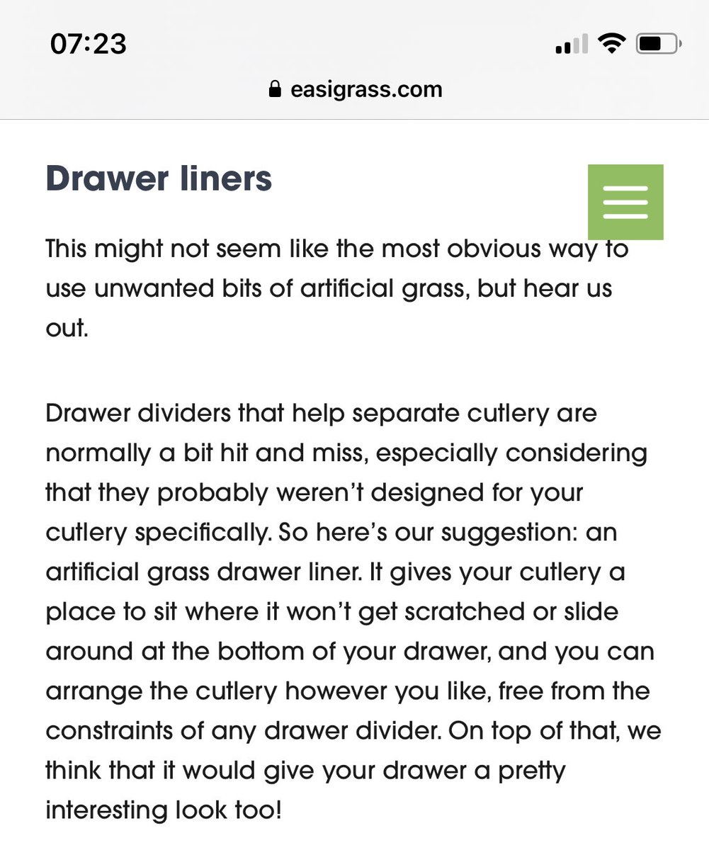 BeyondPlastAct's tweet photo. We CAN’T believe what we are reading!!! ⁦@Easigrass⁩ why in the world would you encourage folks to line their drawers with something as #toxic as #plasticgrass 😳😳😳?  ⁦⁦@ToxicsFree⁩ ⁦@SHPFC⁩ does #artificialturf contain uv-328 in addition to #PFAS? https://t.co/2jd6tyz1IK