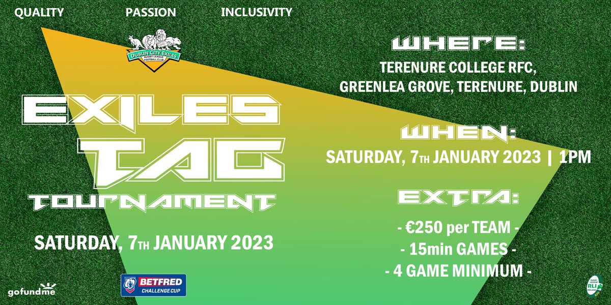𝗘𝘅𝗶𝗹𝗲𝘀 𝗧𝗮𝗴 𝗧𝗼𝘂𝗿𝗻𝗮𝗺𝗲𝗻𝘁

Sure what else would you be doing 😏

Tag tournament fundraiser for Dublin City Exiles rugby league team playing the Challenge Cup in the UK.
<a href="/Irelandrl/">Rugby League Ireland</a>